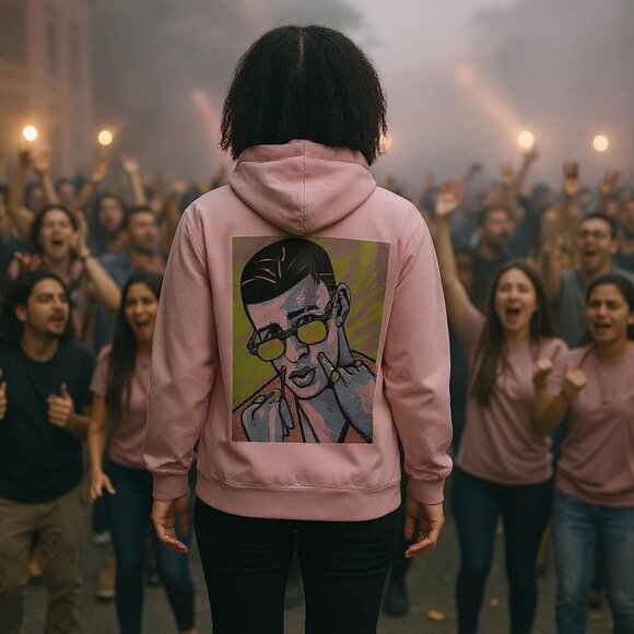 Bad Bunny Pink Hoodie Fleece Cross Tie Pockets Artist Rendition on Back Size S - Picture 2 of 3